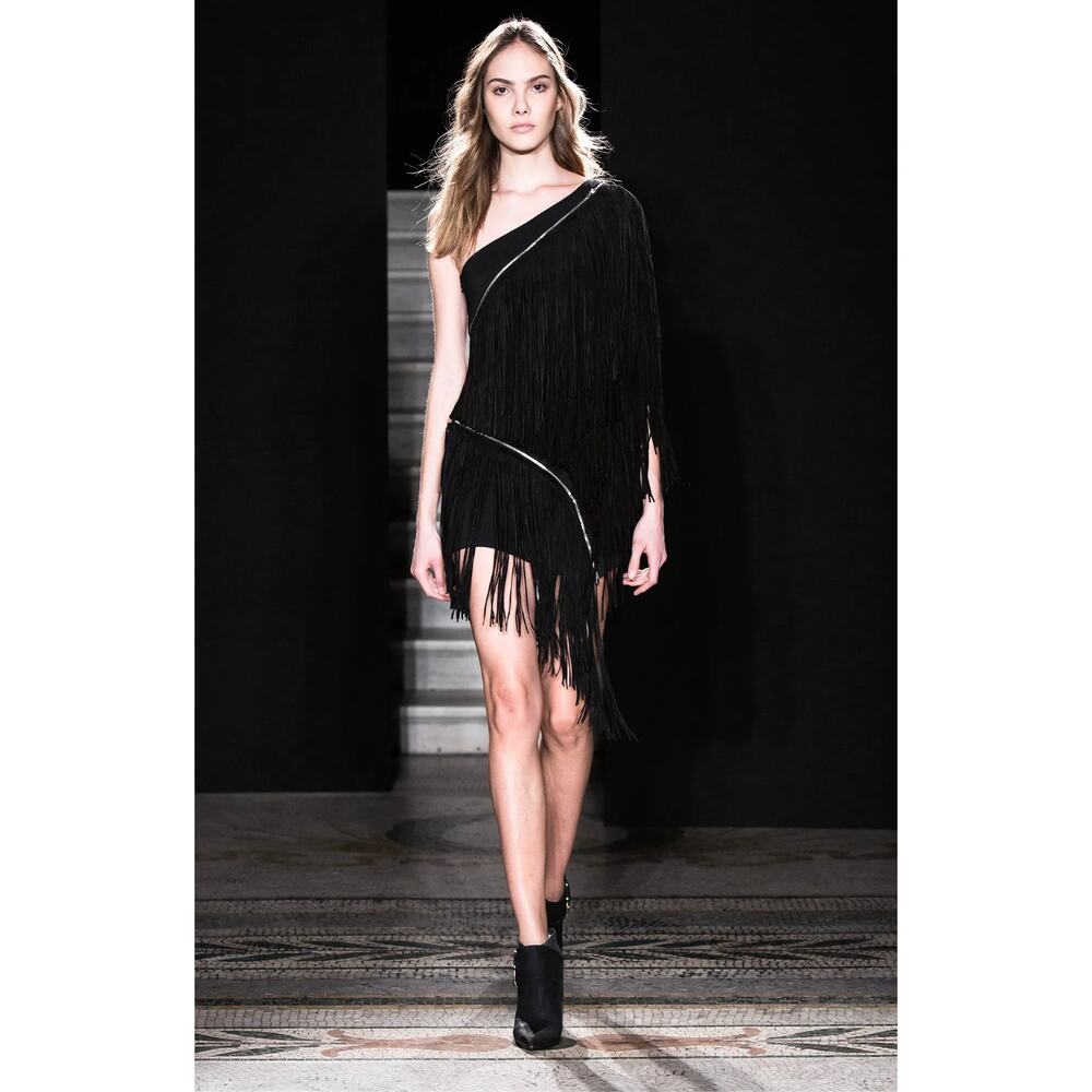 Jay Ahr Black Lamb Leather Fringe One Shoulder Runway Dress 2014 Size 36 US 4